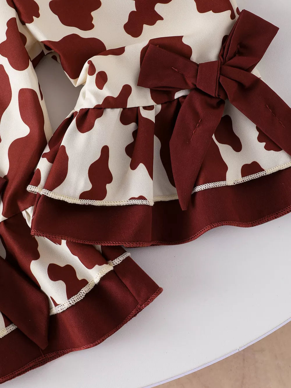 Children's Cow Print Ruffle Jumpsuit in Brown And White, view 11