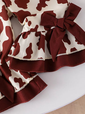 Children's Cow Print Ruffle Jumpsuit in Brown And White, view 11