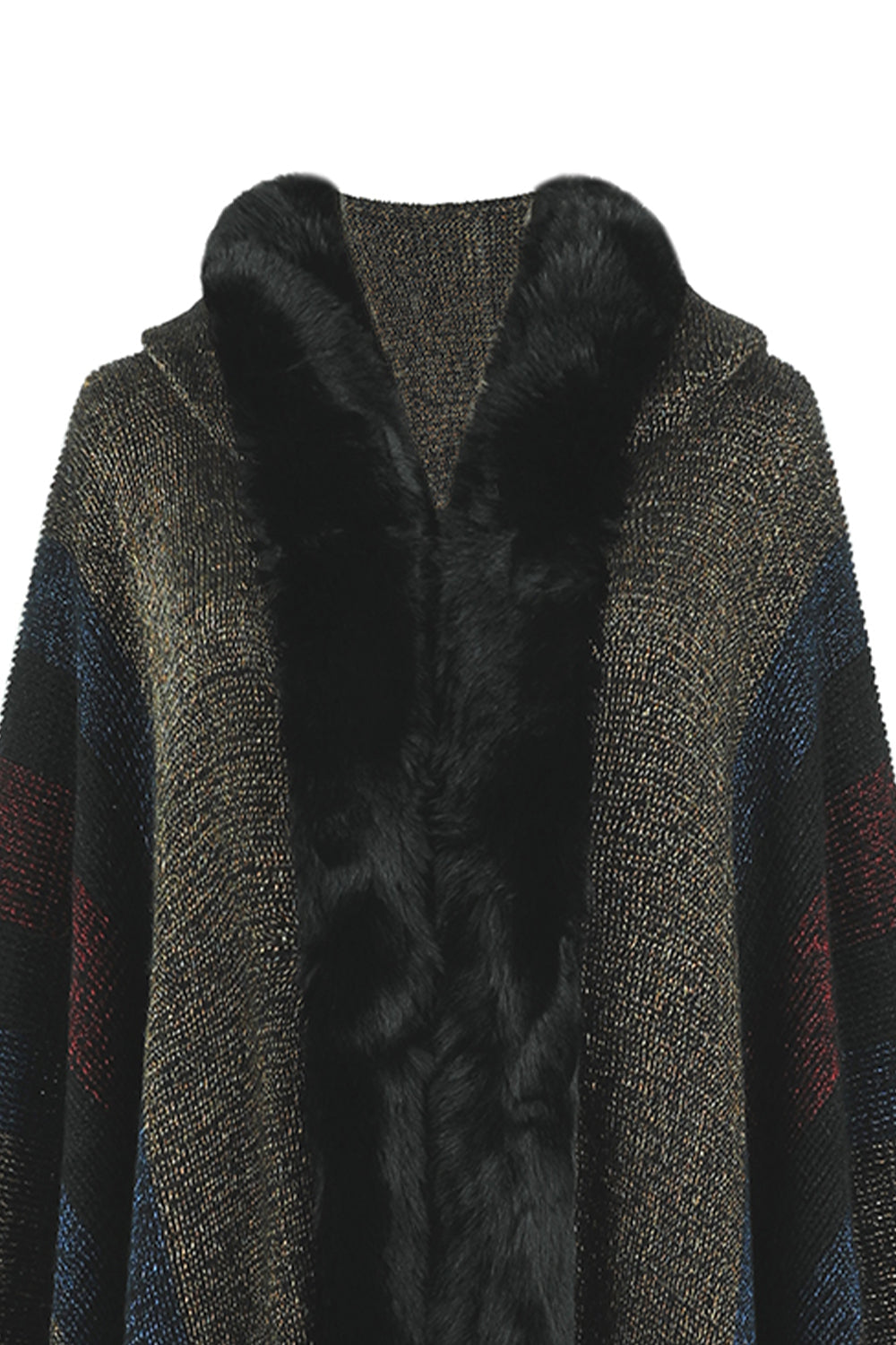 Textured stripe poncho with faux fur trim and hood detail