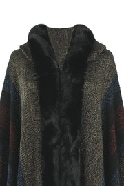 Textured stripe poncho with faux fur trim and hood detail