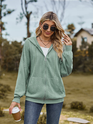 Sage green textured knit dolman sleeve zip-up hoodie with pockets