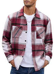 Men's red and white plaid button-up shirt with pockets and a collared neckline.