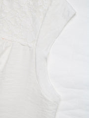 White maternity blouse with lace yoke detail and cap sleeves