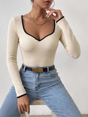 Ribbed Sweetheart Neckline Long Sleeve Bodysuit in Apricot, side view
