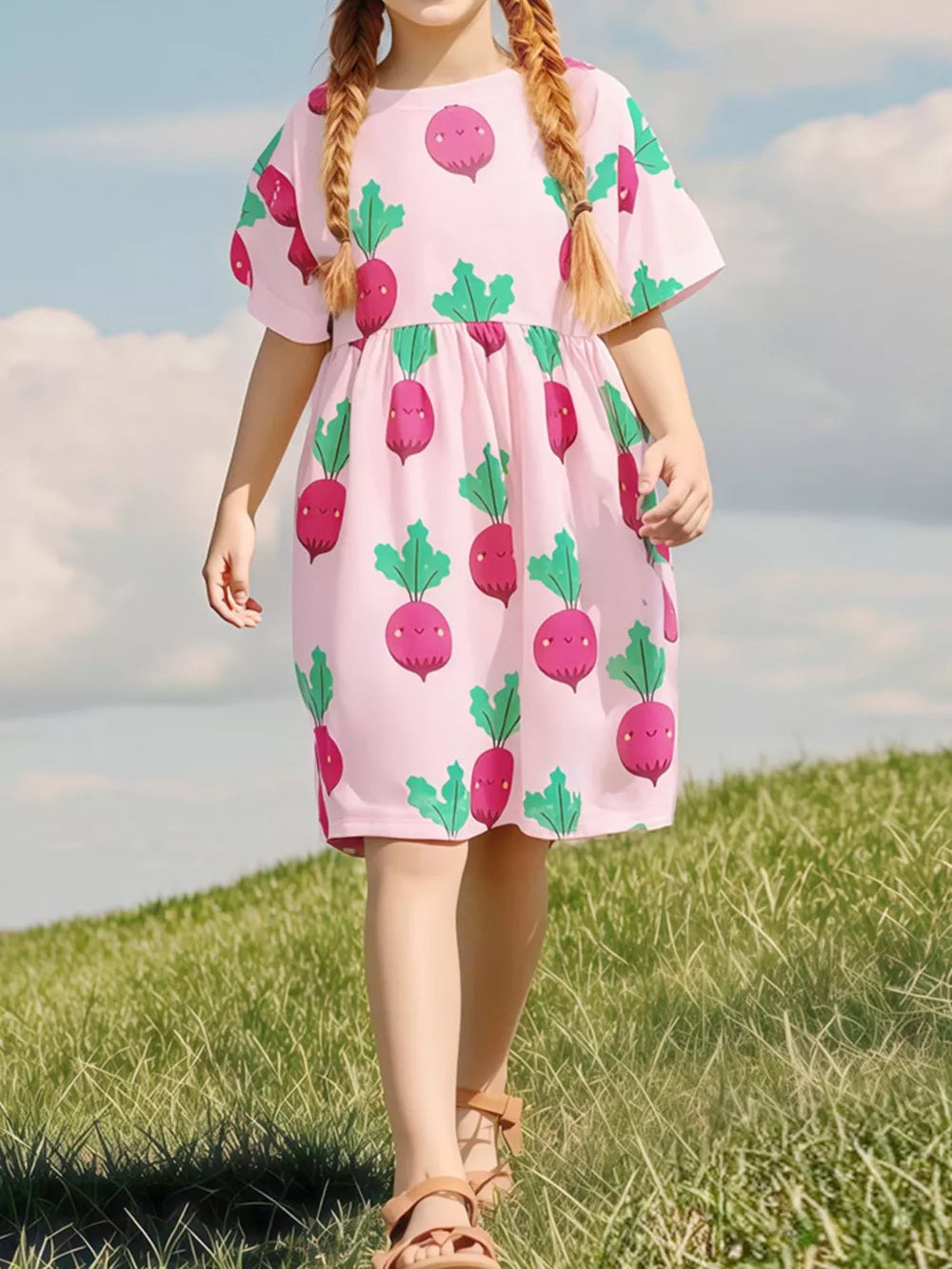 Pink cotton toddler dress with playful radish print, short sleeves, and round neckline.