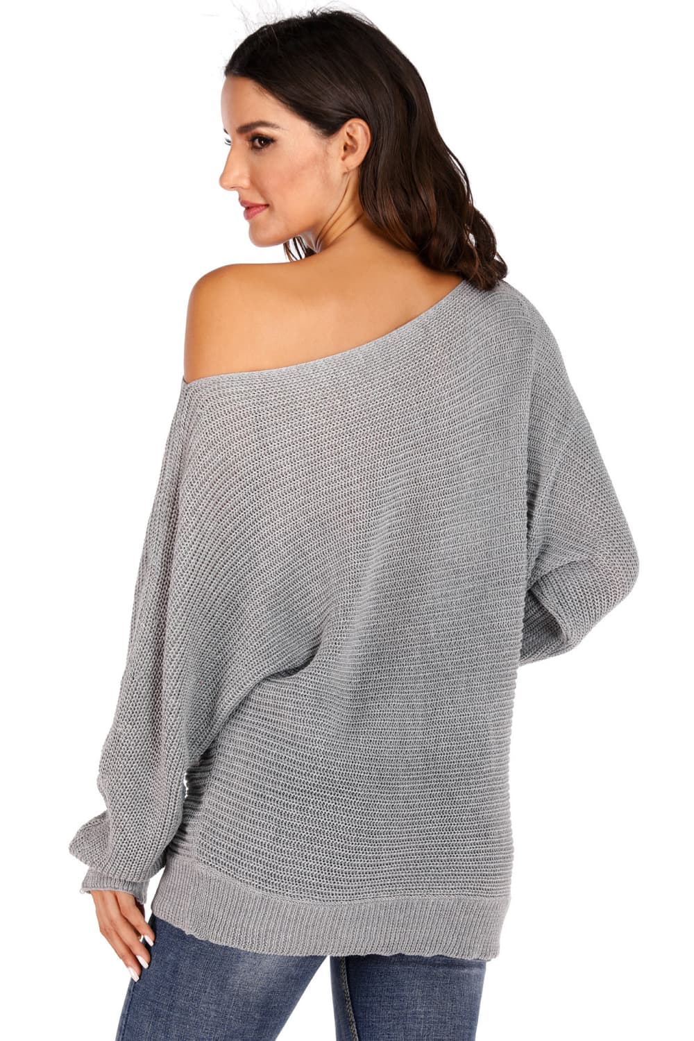 Light gray off-shoulder batwing knit sweater with loose sleeves and ribbed hem.