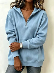 sky blue zip hoodie with ribbed knit and hooded