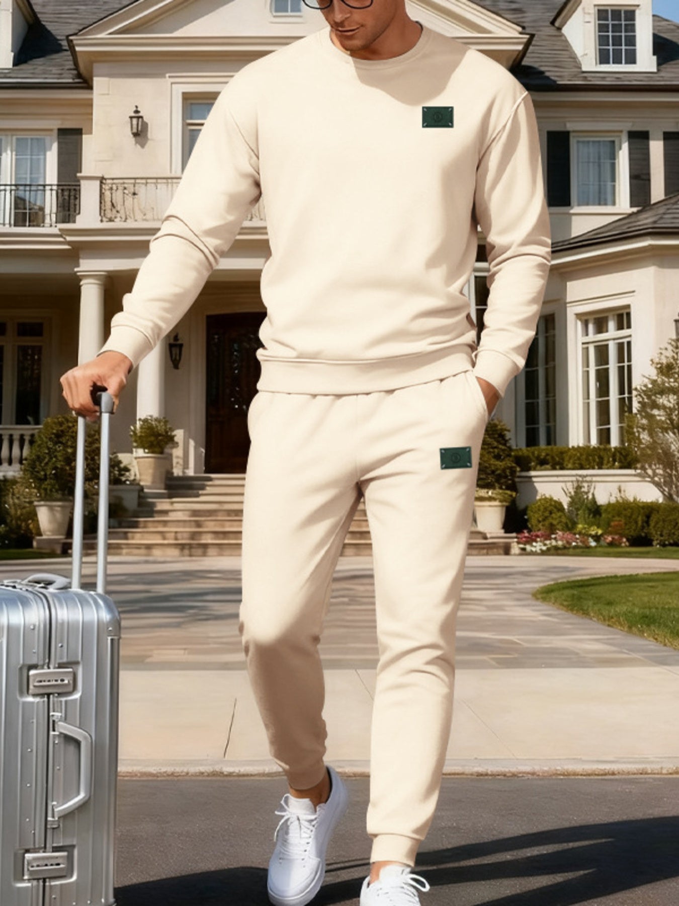 Men's Full Size Round Neck Sweatshirt And Jogger Set in Light Gray, front view