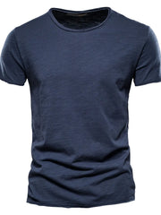 Navy slub cotton crewneck tee with textured slub detail