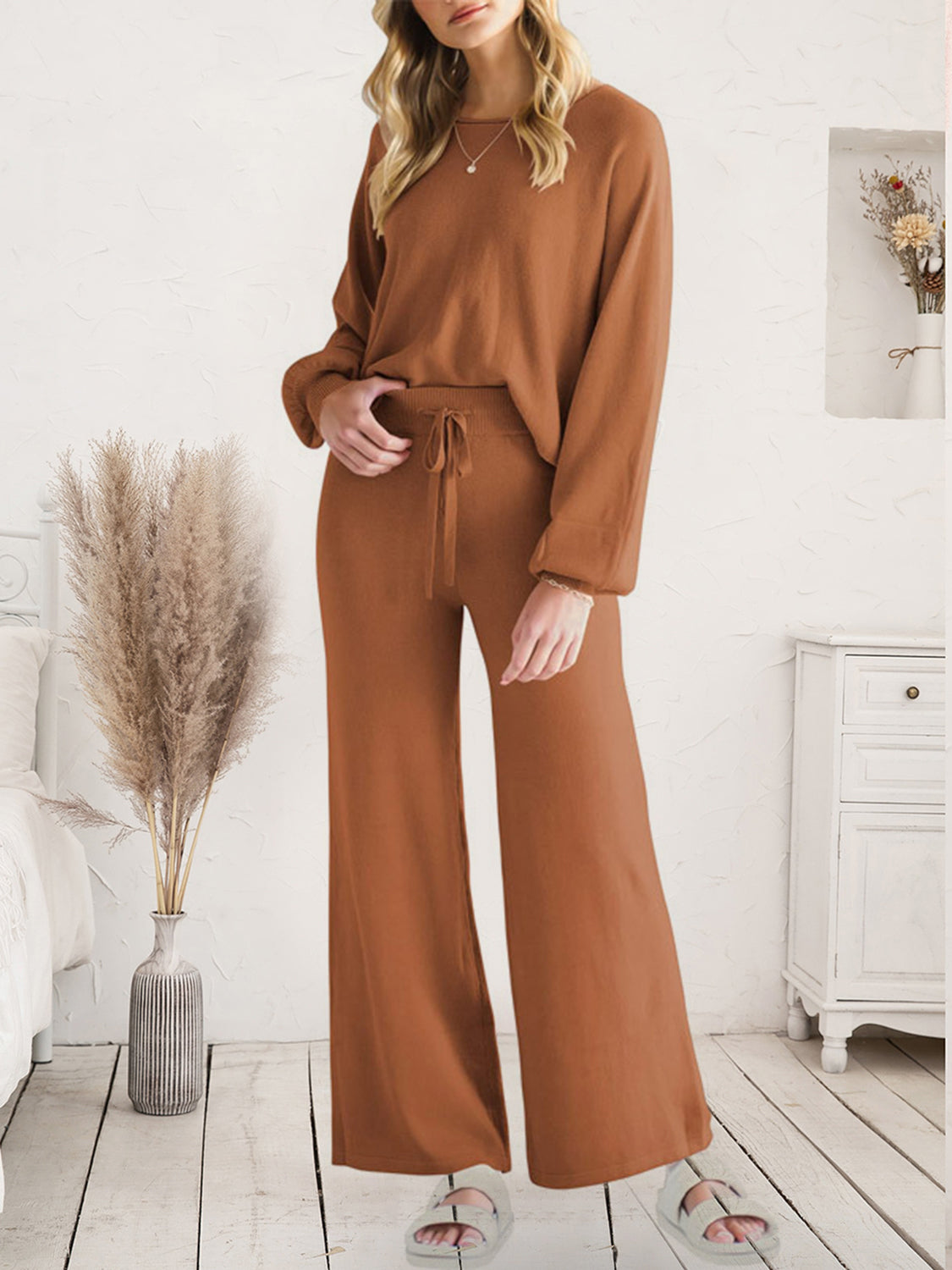 Caramel acrylic wide-leg loungewear set with drawstring waist and balloon sleeves.