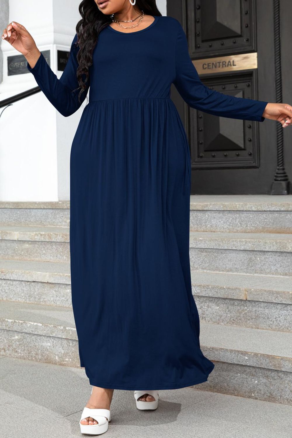 Navy long sleeve maxi dress with gathered waist and pockets