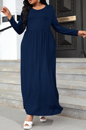 Navy long sleeve maxi dress with gathered waist and pockets