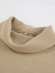 Beige ribbed cowl-neck turtleneck top with a relaxed fit.