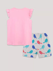 Pink cotton toddler t-shirt with ruffled sleeves and bird print shorts.