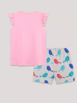 Pink cotton toddler t-shirt with ruffled sleeves and bird print shorts.