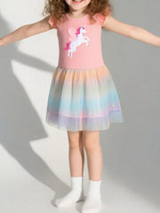 Pink unicorn applique tulle dress with rainbow skirt for baby girls