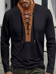 Men's Vintage Lace-up Long Sleeve Henley Plus Size, front view
