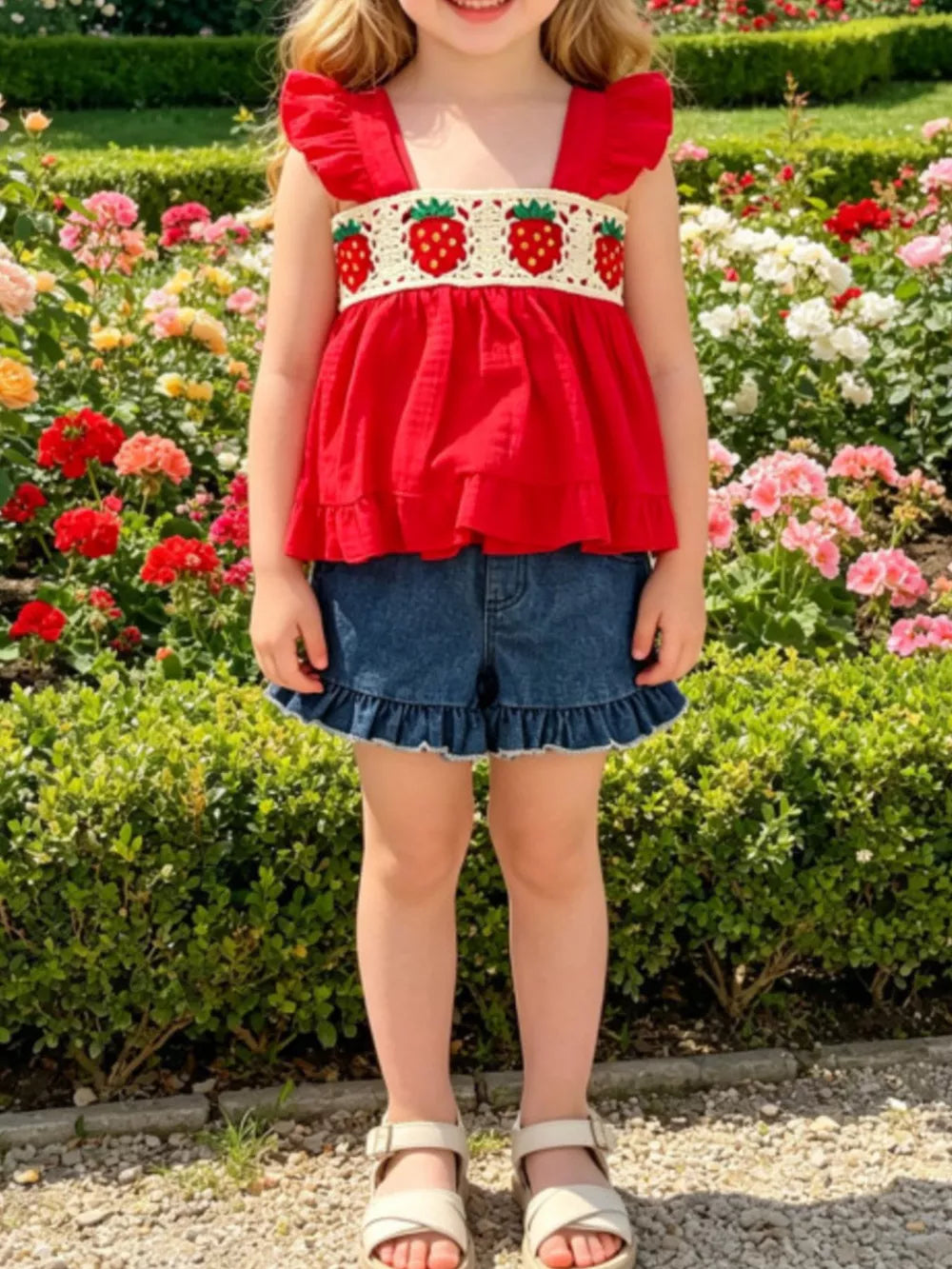 Children's Strawberry Crochet Trim Top & Denim Shorts Set in Red, front view