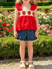 Children's Strawberry Crochet Trim Top & Denim Shorts Set in Red, front view