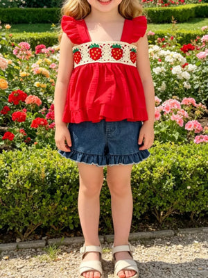 Children's Strawberry Crochet Trim Top & Denim Shorts Set in Red, front view