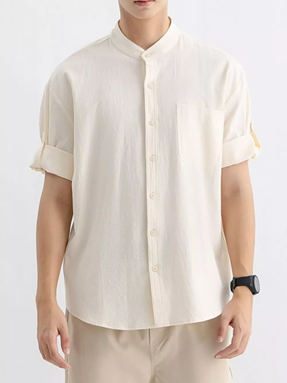 Apricot relaxed fit button-up shirt with pocket and rolled sleeves