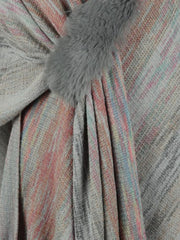 Knit wrap coat with multicolor stripes and grey faux fur pom-pom detail.