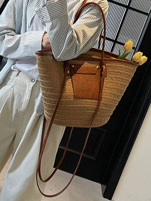 Straw Woven Shoulder Bag With Leather Accents in Khaki, front view