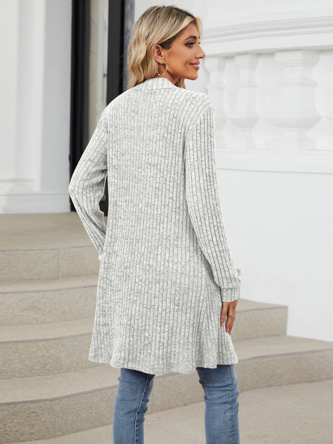 Light Gray textured ribbed knit duster cardigan with long sleeves and a cascade front.