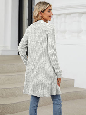 Light Gray textured ribbed knit duster cardigan with long sleeves and a cascade front.
