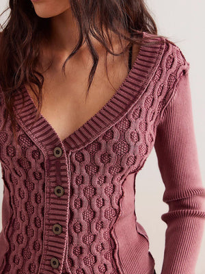 Moonlit Mauve cable knit cropped cardigan with button front and textured panels.