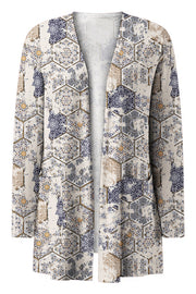 Open-front duster cardigan in beige with a mosaic tile print and pockets.