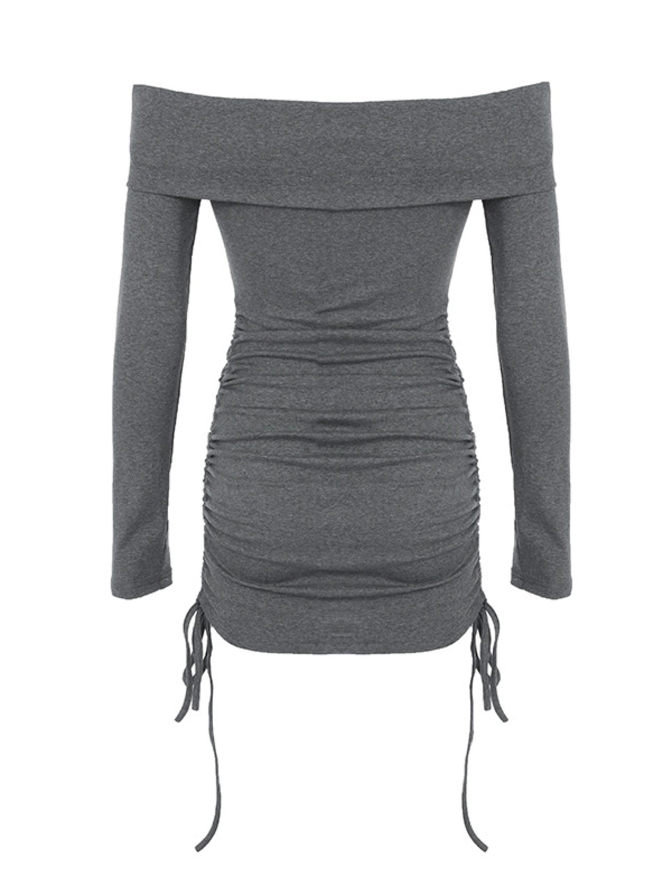 Grey ruched bodycon mini dress with off-the-shoulder neckline and adjustable drawstring hem.