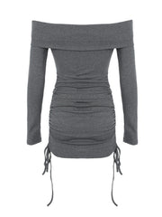 Grey ruched bodycon mini dress with off-the-shoulder neckline and adjustable drawstring hem.