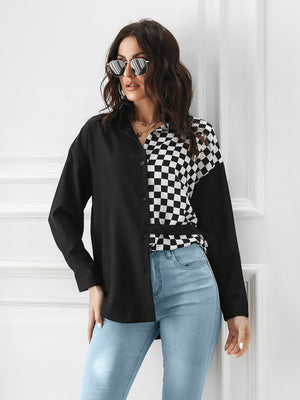 Checkerboard panel button-down shirt in black and white with a classic collar and long sleeves.