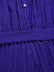 Halter neckline pleated palazzo jumpsuit in dark blue with a belted waist and button detail.