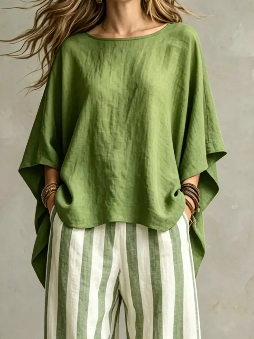 Solid Color Top And Pants Two-piece Set Plus Size, side view