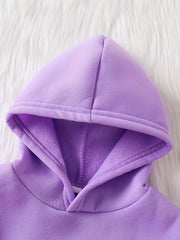 Lavender baby hoodie with fleece lining and drawstring detail.