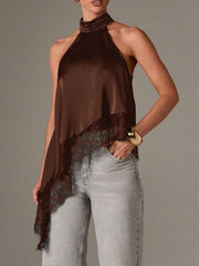 Brown halter camisole with lace trim and asymmetrical hem