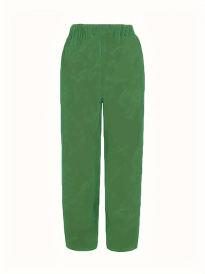 Army green relaxed fit wide-leg pants with elastic waistband and textured fabric.