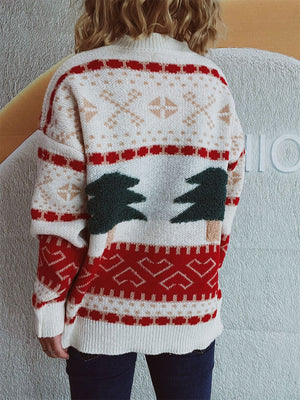 Beige knit sweater with festive tree appliqué and geometric pattern.