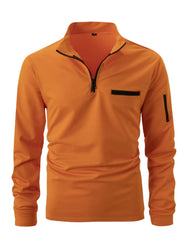 Orange mock neck zip-up sweatshirt with welt pocket and sleeve pocket detail.
