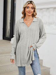 Light Gray ribbed knit collared tunic top with slit hem and long sleeves.