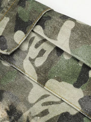 Maternity cargo capris in camouflage print with visible pocket detail and stitching.