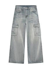Light wash relaxed fit denim cargo pants with vintage appeal and wide legs.