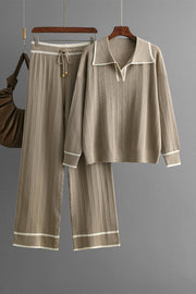 Ribbed knit loungewear set in mocha with contrast trim on collar, cuffs, and pant hems.