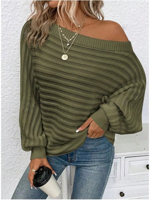 Army green ribbed knit one-shoulder sweater with balloon sleeves and horizontal texture.