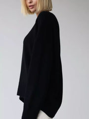 Black knit sweater with ribbed detailing and crew neck.