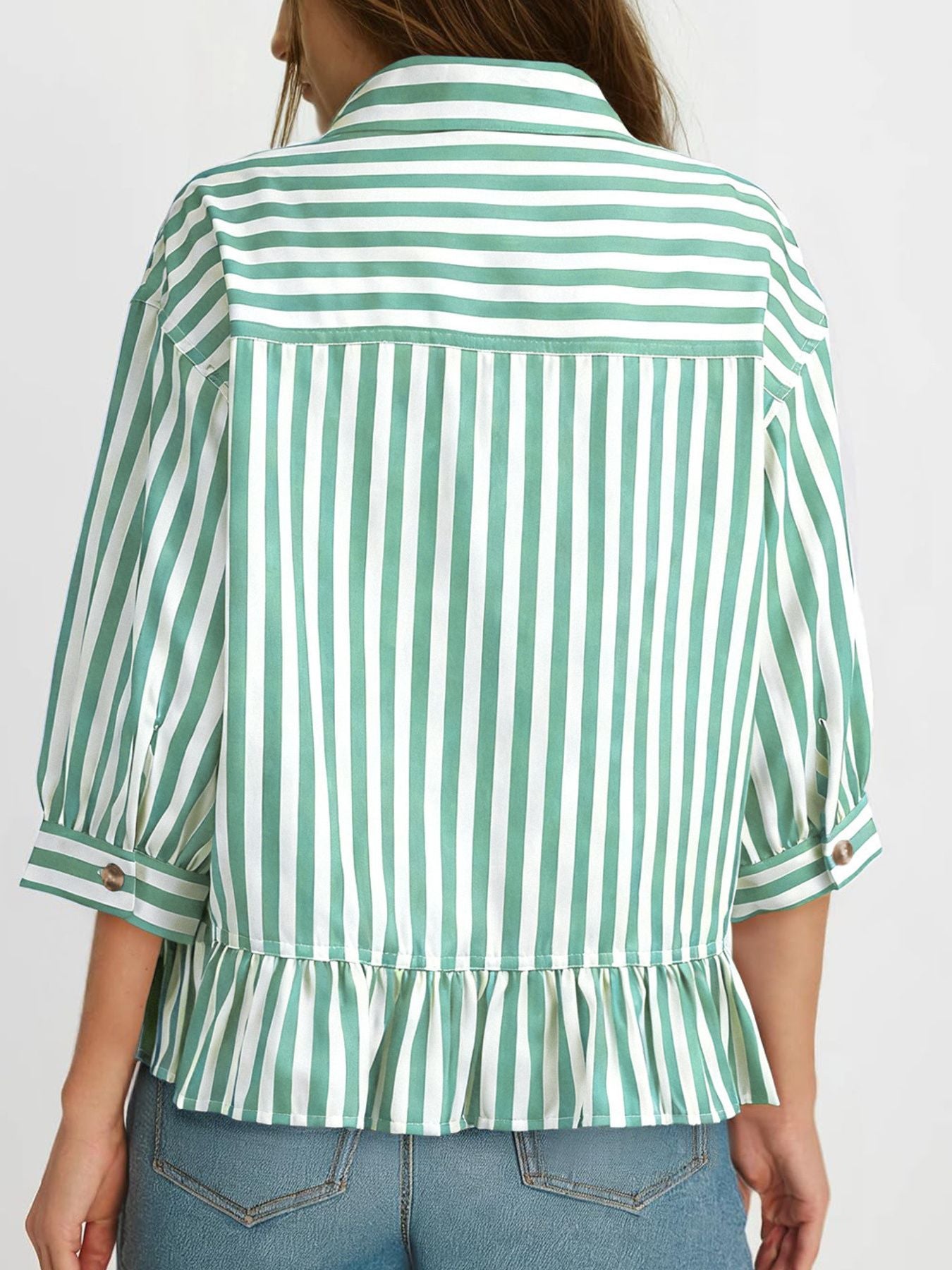 Green and white striped button-down shirt with 3/4 sleeves and ruffle hem