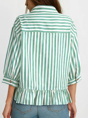 Green and white striped button-down shirt with 3/4 sleeves and ruffle hem