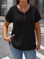 Black textured short sleeve blouse with button detail and V-neck collar